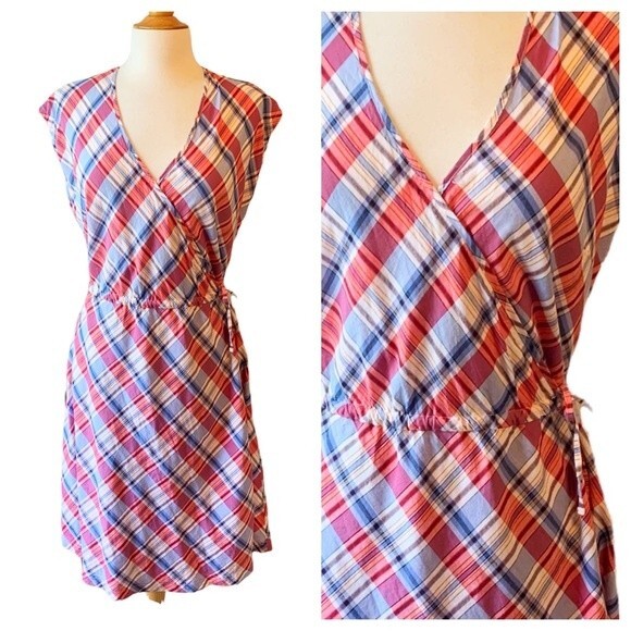 WOOLRICH Red White Blue Plaid Wrap Dress - Medium - Picture 1 of 8